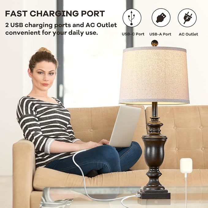 27.5" Vintage Farmhouse Table Lamps Set of 2 Bedside Lamp, 3 Way Dimmable Bedroom Lamps with 2 USB Ports +AC Outlet Touch Nightstand Lamp Rustic Lamp (Rotary-Antique Black)