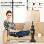 27.5" Vintage Farmhouse Table Lamps Set of 2 Bedside Lamp, 3 Way Dimmable Bedroom Lamps with 2 USB Ports +AC Outlet Touch Nightstand Lamp Rustic Lamp (Rotary-Antique Black)