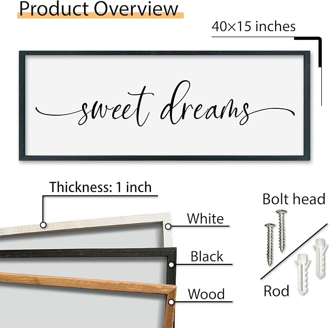 SRSZHIYUE Sweet Dreams Above Bed Wall Decor, 40"x15" Large Rustic Master Bedroom Over Bed Sign Guest Room Couples Wood Framed Farmhouse Horizontal Hanging Decoration (Black)