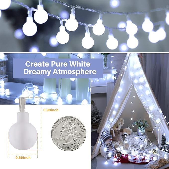 Minetom 33 Feet 100 Led Globe Ball String Lights, Fairy String Lights Plug in with Remote, Waterproof Globe String Lights for Indoor Outdoor Party Wedding Christmas Tree Garden Decoration, Pure White