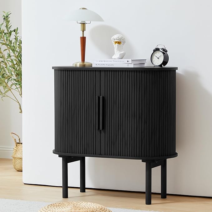 31'' Fluted Sideboard Buffer Cabinet, Modern Credenza Storage Cabinet with Slide Doors, Bar Cabinet Console Table for Living Dining Room Kitchen Hallway Entryway, Black