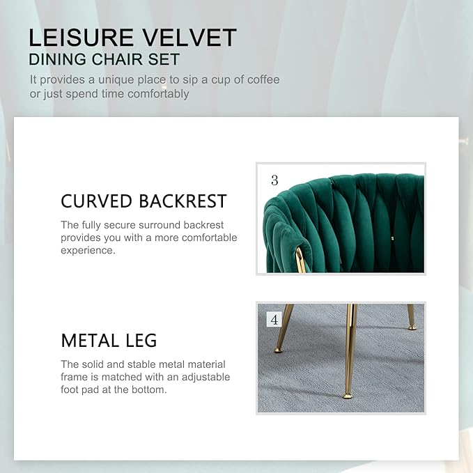 Nrizc Woven Dining Chairs Set of 6, Velvet Upholstered Dining Chairs with Gold Metal Legs, Modern Accent Chairs for Living Room, Dining Room, Kitchen (Green)