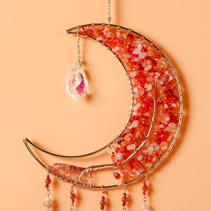 Agate Gemstone Dream Catcher 7 Chakra Tree of Life Dream Catcher with Rainbow Crystal Stones Handmade Dreamcatcher Wall Decor for Adults Boys Girls,Bedroom,Wedding,Garden,Bless Gift(Orange Moon)