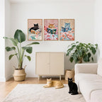 HPNIUB Framed Vintage Black Cats Canvas Wall Art, Funny Animal Reading Books Poster Printing Pictures, Pink Cute Cat Lovers Wall Decor for Girls Room Bedroom Kids Room Living Room Classroom- 24 x36 x3