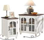 Farmhouse End Table Set of 2 with Charging Station, 18'' Narrow Side Table and 24" Large Sofa Side Table with Glass Barn Door Storage, Wood Night Stand Bedside Table for Living Room,Bedroom