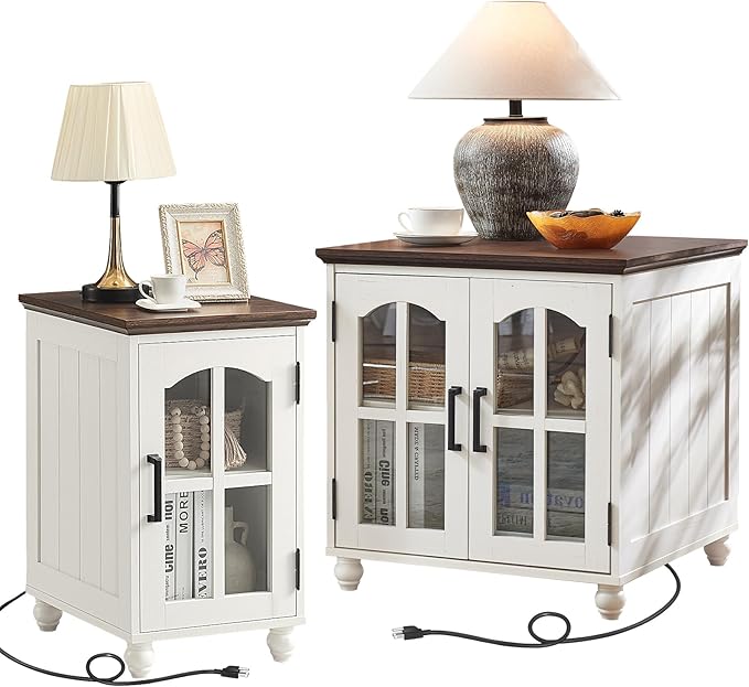 Farmhouse End Table Set of 2 with Charging Station, 18'' Narrow Side Table and 24" Large Sofa Side Table with Glass Barn Door Storage, Wood Night Stand Bedside Table for Living Room,Bedroom