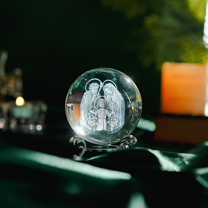 ZEERSHEE 3D Engraved Jesus Holy Family Crystal Ball Glass Jesus Statue Figurine Christian Religious Easter Gifts