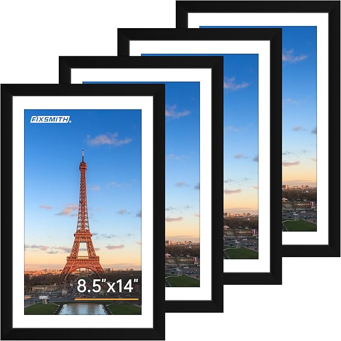 FIXSMITH 8.5x14 Picture Frame Set of 4, Photo Frame with HD Plexiglass, Display Pictures 7x10 with Mat or 8.5x14 Without Mat, Black Picture Frames Collage Wall Decor, Gallary Wall Frame