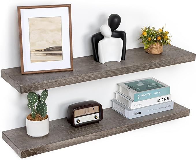Fun Memories Floating Shelves for Wall, 36"x9.3" Rustic Solid Elm Wood Shelves, Heavy-Duty Wall Mounted Shelves with Invisible Brackets, Set of 2 for Living Room, Bedroom, Kitchen, Grey Finish
