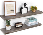 Fun Memories Floating Shelves for Wall, 36"x9.3" Rustic Solid Elm Wood Shelves, Heavy-Duty Wall Mounted Shelves with Invisible Brackets, Set of 2 for Living Room, Bedroom, Kitchen, Grey Finish
