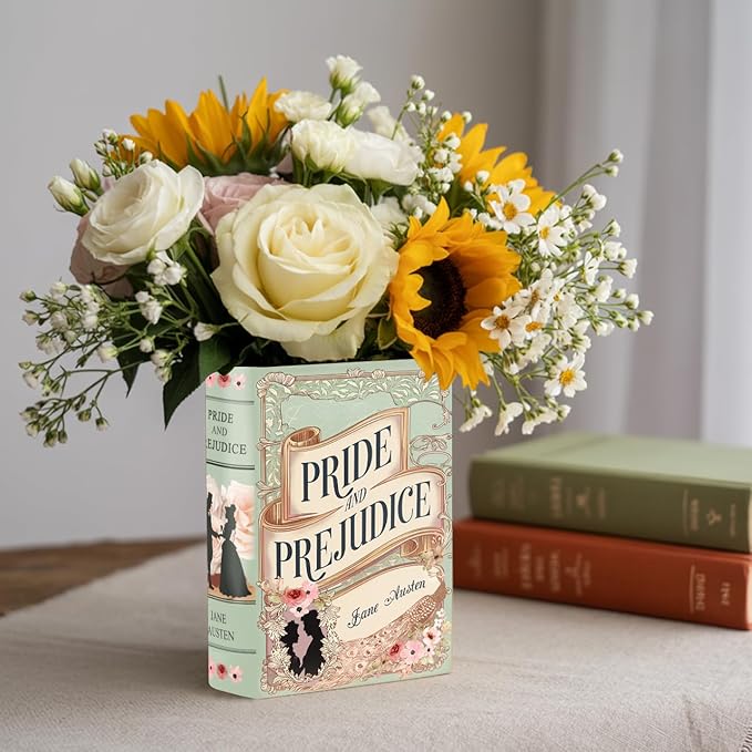 Ceramic Book Vase Pride and Prejudice Gifts for Book Lovers Women & Men - Jane Austen Gifts for Women Bookish Christmas Decor for Bookshelf - Bookworm Bookish Gift Cute Librarian Present for Readers
