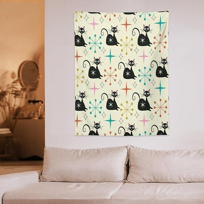 ICMOLYYENLO Abstract Cat Tapestry, Medieval Abstract Atomic Star Cat Vintage Home Wall Hanging Art Tapestry for Bedroom Living Room Dormitory 40x60 Inch