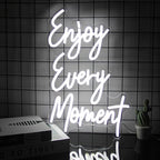 Enjoy Every Moment Neon Signs for Wall White Letter Neon Lights LED Letter Sign Dimmable Words Light Up Signs for Bedroom Bar Restaurant Salon Party Decor