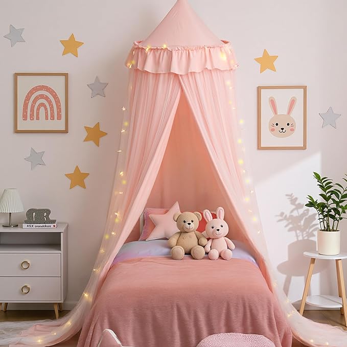 Bed Canopy with Star Lights, Double Layer Bed Canopy for Girls, Princess Canopy Bed Curtain for Twin Bed, Breathable Kids Dreamy Play Tent Room Castle Reading Nook, Machine Washable, 26''x125'' - Pink