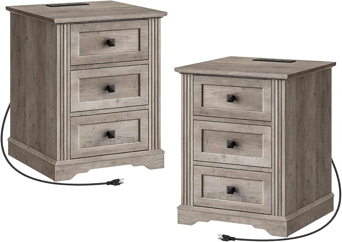 Nightstand Set of 2, Night Stand with 3 Drawers, 18 Inch Wide End Table with Charging Station, Farmhouse Bedside Table, Side Table for Bedroom, Study, Greige