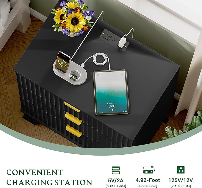 Fluted Nightstand with Charging Station, 24" Wide Bedside Table with 3 Large Storage Drawers, Modern Wood Side Table Night Stand, End Table Small Dresser for Bedroom, Living Room, Dorm, Black