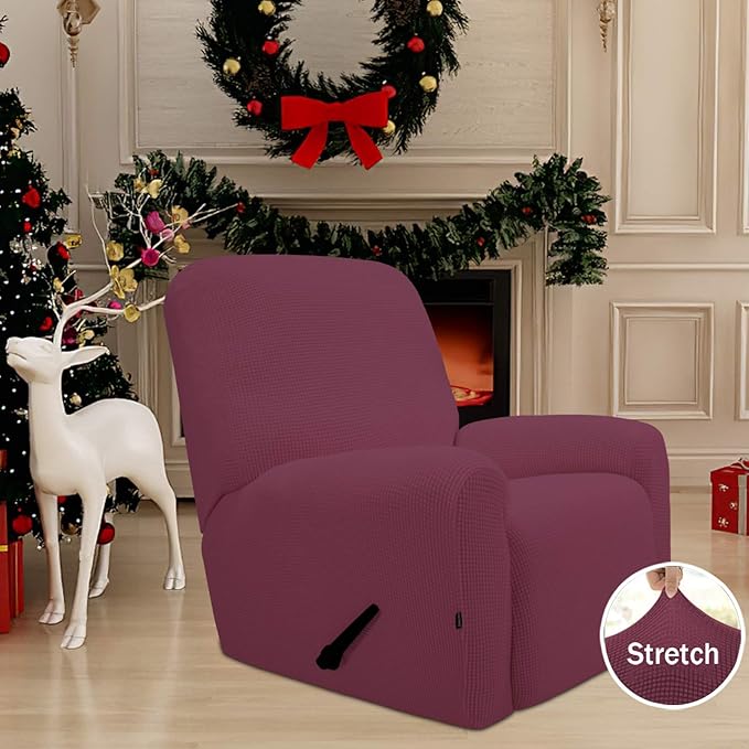 Easy-Going Recliner Stretch Sofa Slipcover Sofa Cover 4-Pieces Furniture Protector Couch Soft with Elastic Bottom Polyester Spandex Jacquard Fabric Small Checks(Recliner, ASH Rose) Large