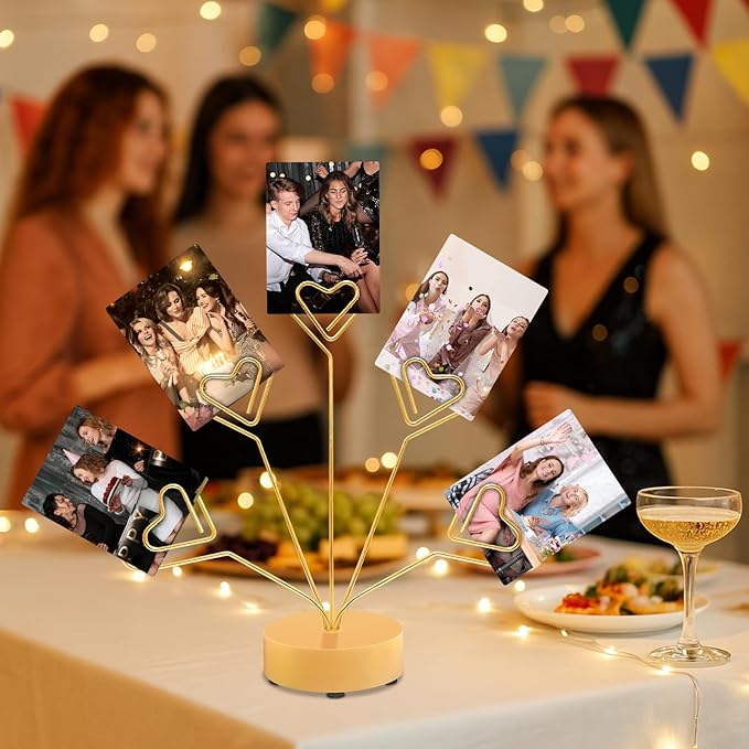 Desktop Heart-Shaped Photo Tree Style Holders Round Base,5-Branch Family Picture Frame Clips Holder Desk Card Display Stand for Christmas,Wedding, Birthday Party,Gift (Golden)