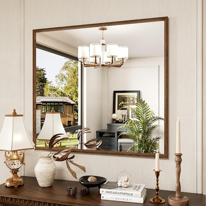40x36 Inch Rectangle Bathroom Mirror, Walnut Wood Grain Framed, Anti-Rust & 4mm Tempered Glass, Horizontal/Vertical Hanging Vanity Mirror for Bathroom & Bedroom