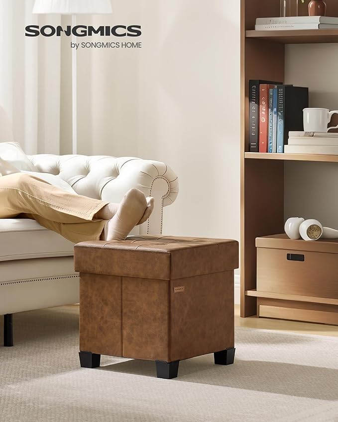 SONGMICS Storage Ottoman, Cube Ottoman with Legs, 15 x 15 x 15.7 Inches, Footstool, Footrest, 10 Gal. (37 L), Synthetic Leather, for Bedroom, Living Room, Dorm, Coffee Brown ULSF0512K03