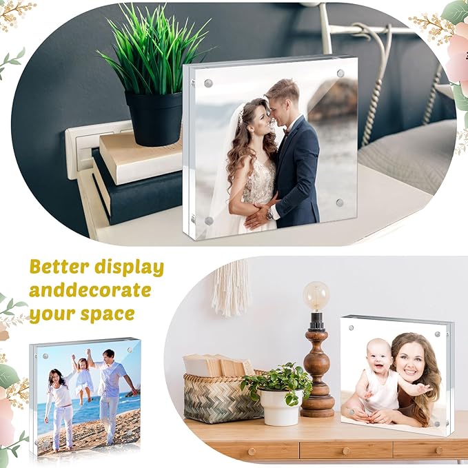 Handepo 12 Pcs Acrylic Picture Frame Bulk Clear Acrylic Photo Frame Magnetic Desktop Display Double Sided 20 mm Thickness Freestanding for Bedroom Living Room Home Office(4 x 4)