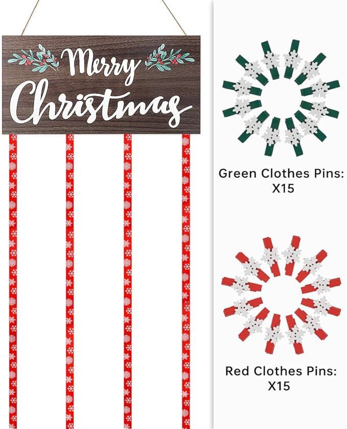 AKEROCK Christmas Card Holder Display, Christmas Wall Decor - Wooden Hanging Christmas Picture Frame with 30 Clips for Xmas Holiday Wall Door Window Home Décor