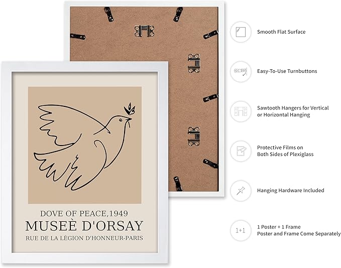 Poster Master Vintage Poster - Retro Minimalist Print - Gift for Artist, Friend - Dove Of Peace, Line Drawing, Sketch, Abstract - Wall Decor for Living Room, Bedroom, 11x14 White Framed