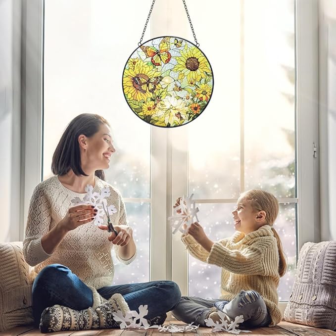 Sunflower Sun Catcher Stained Glass Window Hangings - 8” Handmade Butterfly Stained Glass Suncatches for Windows - Sun Catchers Indoor Wall Art Home Garden Suncatcher - Sunflower Gifts for Women Mom