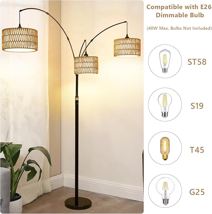 Airposta Black Arc Floor Lamps for Living Room, Farmhouse Boho Floor Lamp for Bedroom, Industrial Standing Lamp for Office, Dimmable Tall Lamp with Rattan Lampshades, Reading Arched Light