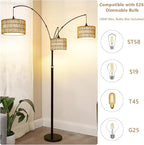 Airposta Black Arc Floor Lamps for Living Room, Farmhouse Boho Floor Lamp for Bedroom, Industrial Standing Lamp for Office, Dimmable Tall Lamp with Rattan Lampshades, Reading Arched Light