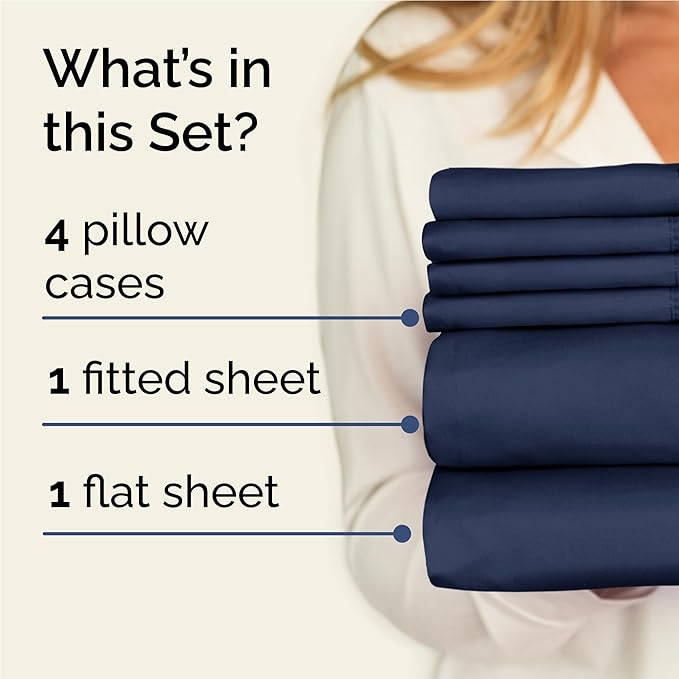 Full Sheets Set 6 Piece - Includes 4 Pillowcases - Bed Sheets Full Size - Soft Hotel Luxury Bedding - Cooling, Comfy, Cozy & Breathable - 1 Flat & 1 Fitted & 4 Pillowcases w/ Deep Pockets - Navy Blue
