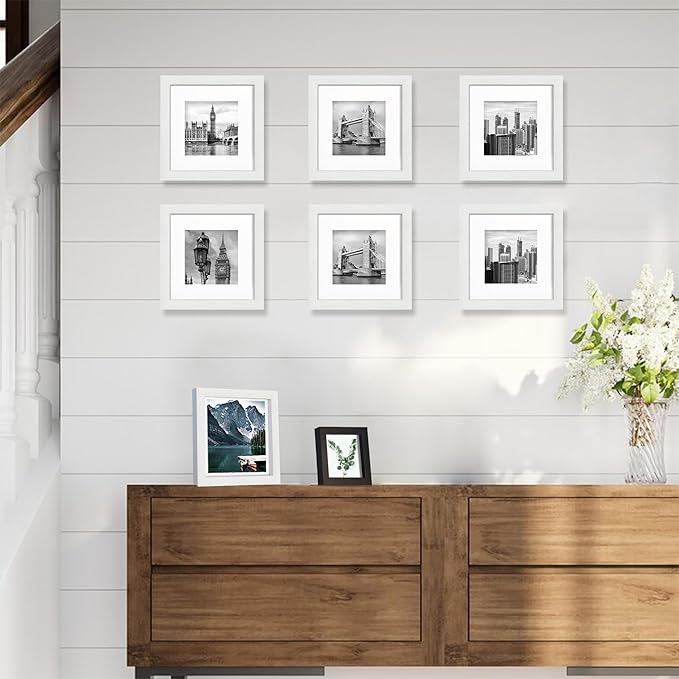 6x6 White Picture Frames set of 3, Made of Wooden and Real Glass Square Photo frame - Displays 4x4 Picture With Mat or 6 x 6 Without Mat, Desktop & Wall Collage Frame set