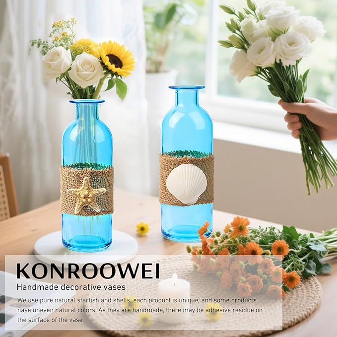 Shell Vase Set of 3 Blue Coastal Vase,Small Starfish Seashell Flower Glass Vases Handcrafted for Beachy Decor,Beach Wedding/Party Beach Home Decor (Blue)