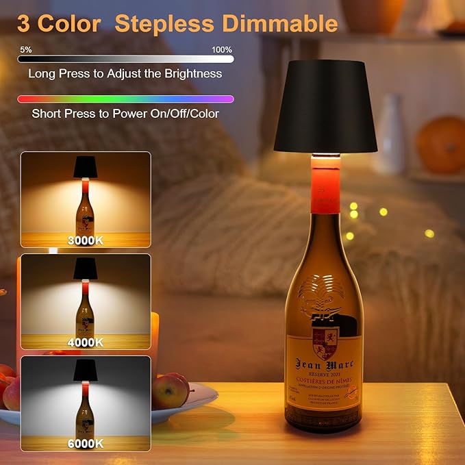 DUSKTEC Wireless Wine Bottle Lampshade, 8 RGB Modes, Light Temperature 3000-6500K, Rechargeable Touch Wine Bottle Lamp, Portable Wireless Lamp, Bar Lights, Party, Gift (Black)