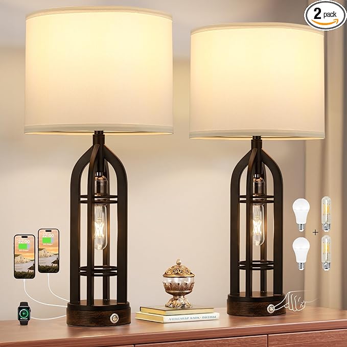 Seealle Table Lamp for Living Room Set of 2 - Bedside Lamp for Bedroom with USB C+A & Outlet, Farmhouse Lamps for Night Stands, 3-Way Dimmable Touch Lamps for Living Room with White Shade