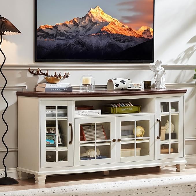 Large Sideboard Buffet Cabinet with Storage, Vintage White Farmhouse 60" Wide Credenza Accent Cabinets with Glass Doors & Wood Legs, Kitchen Coffee Bar Table for Dining Room, Living Room