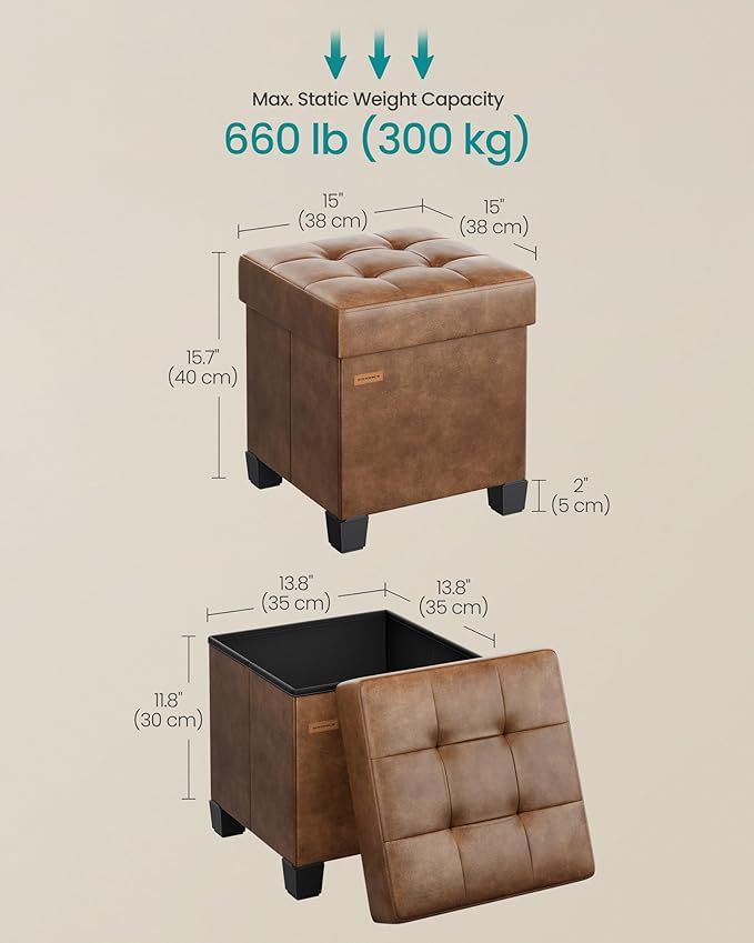 SONGMICS Storage Ottoman, Cube Ottoman with Legs, 15 x 15 x 15.7 Inches, Footstool, Footrest, 10 Gal. (37 L), Synthetic Leather, for Bedroom, Living Room, Dorm, Coffee Brown ULSF0512K03