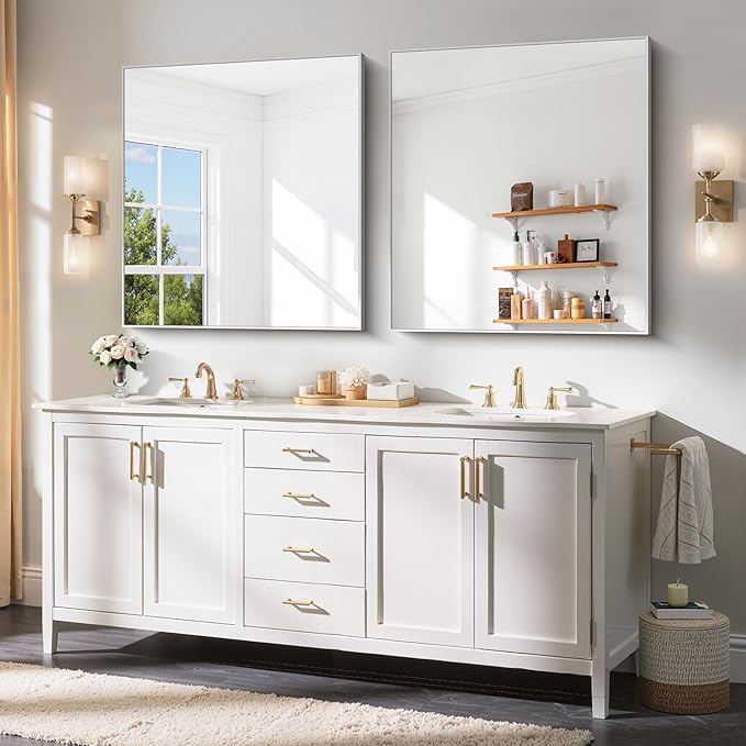 YIROMAN Bathroom Mirror 36"x40", Large Brushed Silver Bathroom Mirror for Over Sink with Aluminum Frame, Rectangular Vanity Mirror with Right Angle, Wall Mirror Hangs Horizontal or Vertical