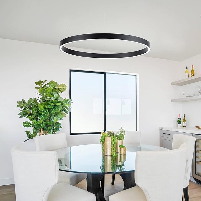 MADEM Room Decor Modern LED Pendant Light 1-Ring Circular Contemporary Chandelier 23.6'' Flush Mount Pendant Lighting for Living Dining Room Bedroom, 6000K Cool White, Black