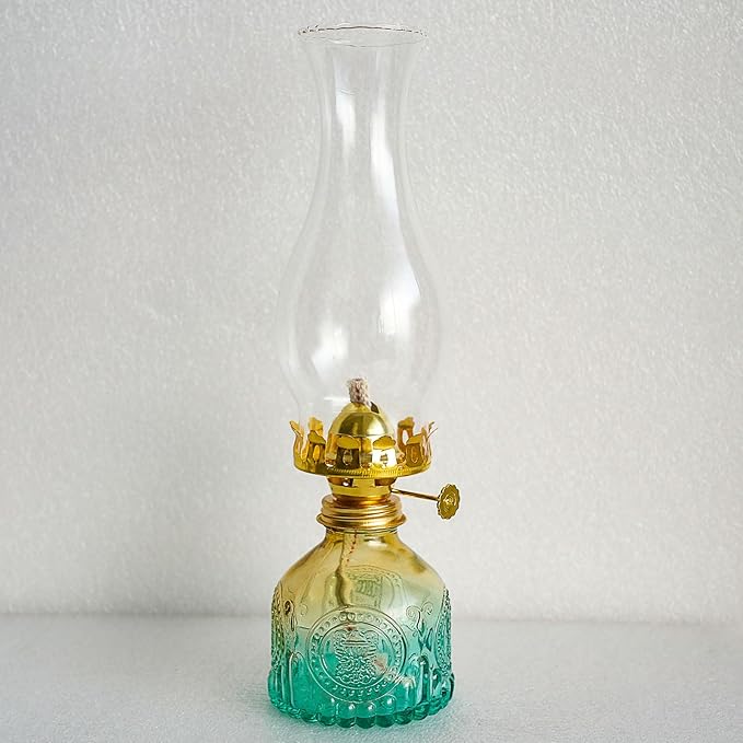 Glass Oil Lamp 2Pack, Oil Lamps for Indoor Use - 11"x3" Gradient Green Antique Kerosene Lamp, Vintage Oil Lantern for Home Decor, Outdoor Tabletop, Emergency Lighting & Props