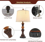 Set of 2 Modern Table Lamps with USB-C & USB Ports, Rotating Knob Switch, Linen Shade + Resin Base (Black Gold/Oil Bronze) (BW)