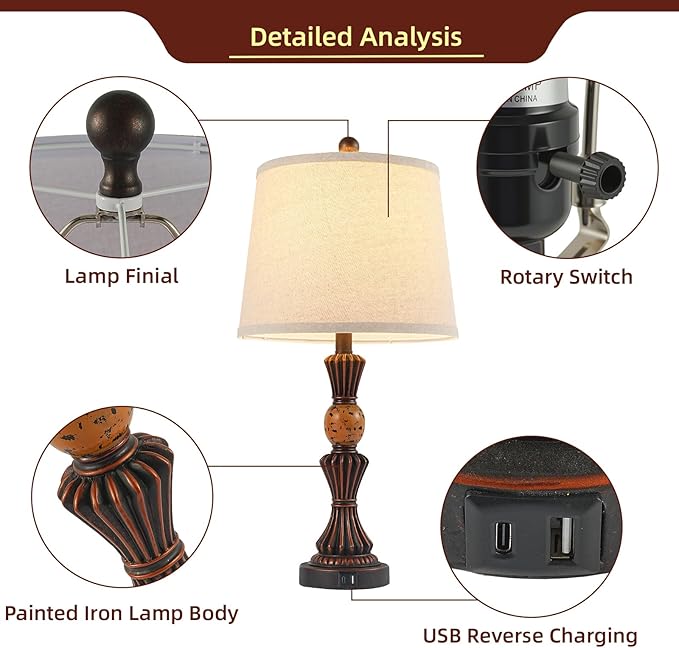 Set of 2 Modern Table Lamps with USB-C & USB Ports, Rotating Knob Switch, Linen Shade + Resin Base (Black Gold/Oil Bronze) (BW)