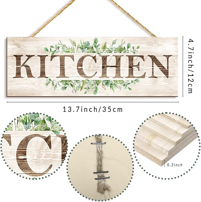 Kitchen Sign Wall Decor, Kitchen Wall Art with Plant Print, Rustic Farmhouse Wall Hanging Plaque Home Kitchen Decorative Kitchen, 4.7 x 13.7 inches