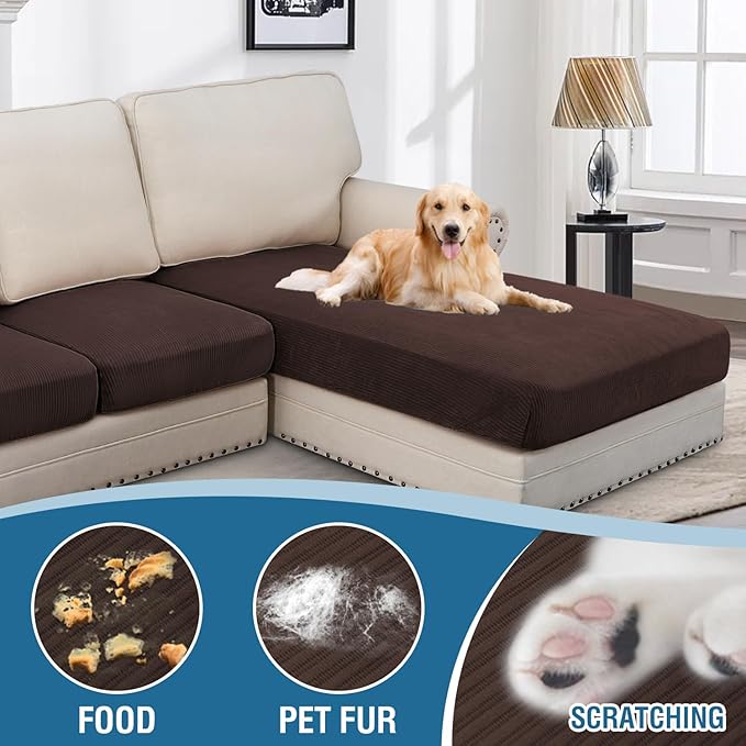 H.VERSAILTEX Velvet Stretch Sectional Couch Covers - 3 Piece L Shape Separate Cushion Set for Large 2 Seater + 1 Chaise, Brown Striped