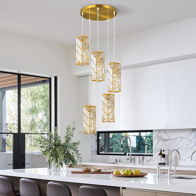 Gold Pendant Lighting Modern Pendant Light, Mini Crystal Chandeliers,Adjustable Pendant Light Fixture for Kitchen Island Dinning Room Bedroom (5 Light)