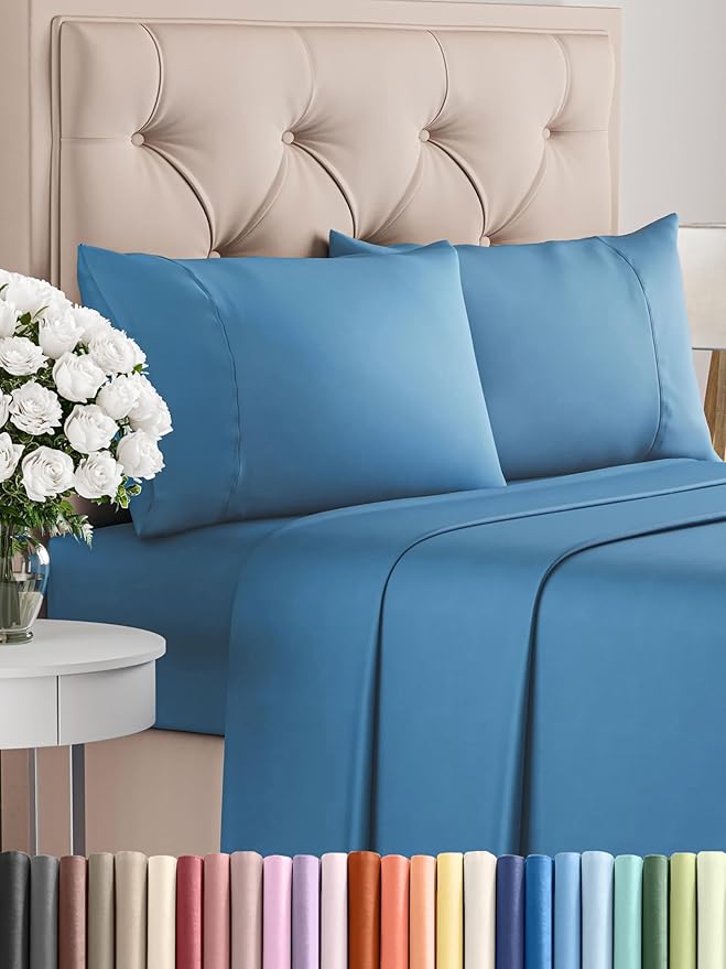 Twin Sheets Set 4 Piece - Includes 2 Pillowcases - Bed Sheets Twin Size - Soft Hotel Luxury Bedding - Cooling, Comfy, Cozy & Breathable - 1 Flat & 1 Fitted & 2 Pillowcases w/ Deep Pockets - Denim Blue