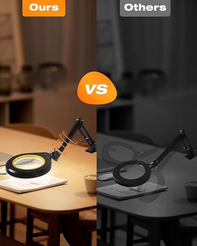 Magnifying Glass with Light, 10X & 5X Real Glass & Anti-Glare Lens, 5 Color Mode Stepless Dimmable LED Desk Magnifying Lamp, Hands-Free Desk Lamp with Clamp for Crafts Reading Repair Hobby (Yellow)