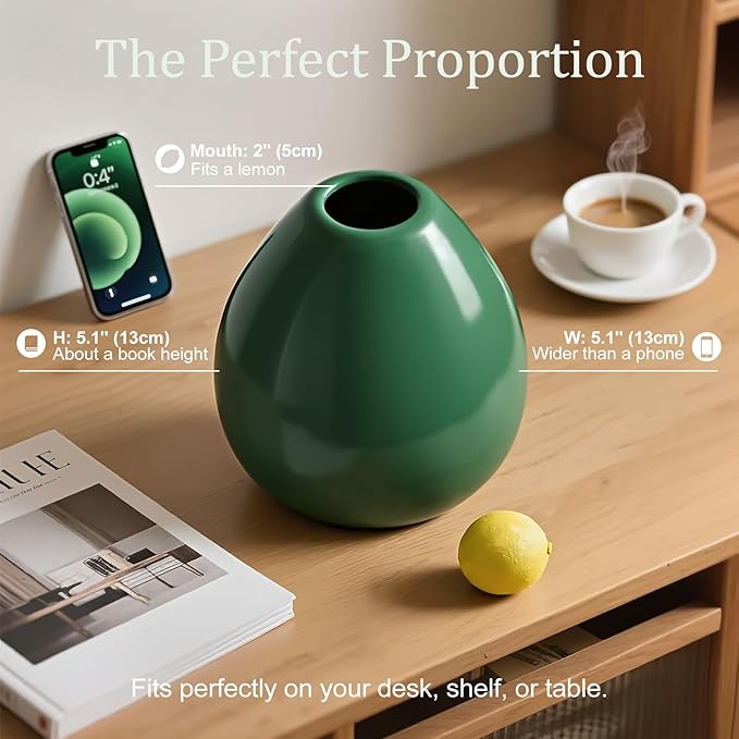 Flower Vase-Handcrafted Ceramic with Smooth Green Glaze, Small Vase for Flowers w/Waterproof Interior and Anti-Slip Bottom, Vases Home Decor Shelf Decor Table Centerpieces