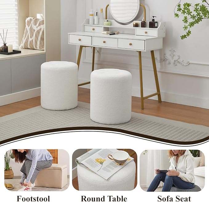 Modern Round Ottoman 2Pcs, Classic Foot Stool Ottoman, Teddy Fleece Upholstered Vanity Stool for Makeup, Bedroom, Living Room, White