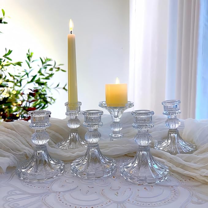 Glass Candlestick Holder,Striped Taper Candle Holders,Set of 6 Candle Stand for Table Centerpieces, Home Decor,Weddings,Festival and Parties (Clear Stripe Pattern)